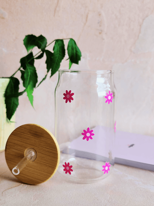 Pink Daisy Flower Can Glass Tumbler 540 ml