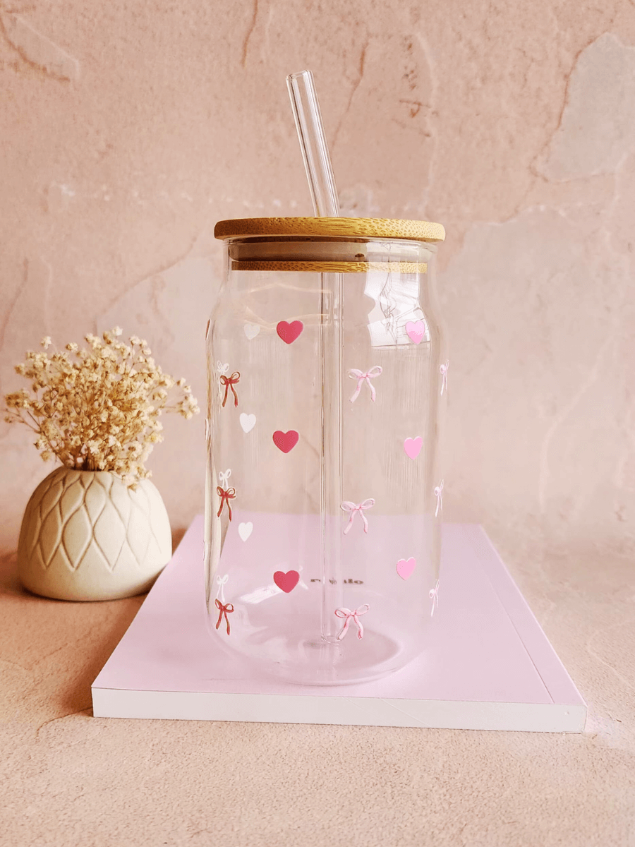 Heart and Bow Can Glass Tumbler 540ml