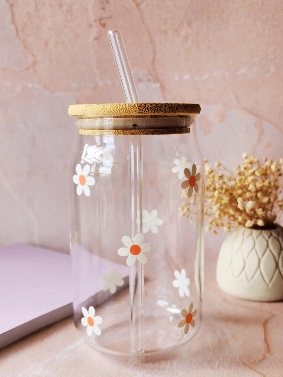 White Daisy Flower Can Glass Tumbler 540 ml