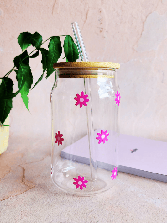Pink Daisy Flower Can Glass Tumbler 540 ml