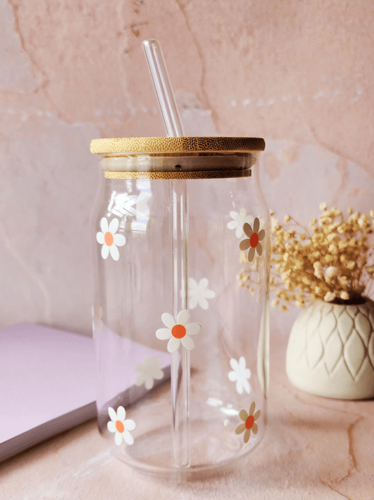 White Daisy Flower Can Glass Tumbler 540 ml